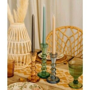 Colorful 3 Piece Beveled Crystal Candlestick Holder Set Boho Home Decor Glass